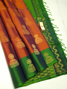 Classic Brown & Green Jhumka Design Elegance Handloom Soft Silk Saree SS22214