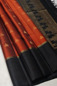 Classic Orange & Charcoal Black Elegance Handloom Soft Silk Saree SS24490