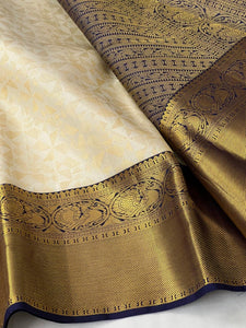 Classic Butter Cream & Navy Blue 2gm Zari Bridal Elegance Kanchipuram Handloom Silk Saree SS24132