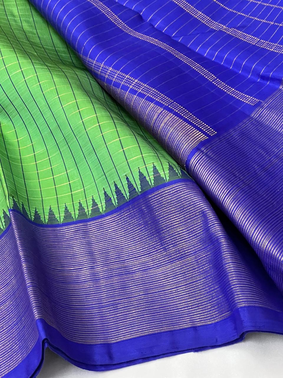 Classic Kelly Green & Robin Blue 2gm Zari Elegance Kanchipuram Handloom Silk Saree SS25249