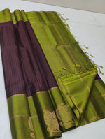 Load image into Gallery viewer, Classic Chocolate Brown &amp; Olive Green Double Warp Elegance Handloom Soft Silk Saree SS26745
