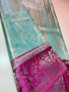 Classic Aqua & Deep Pink Meenakari Bricade Bridal Elegance Kanchipuram Handloom Silk Saree SS25333