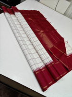 Load image into Gallery viewer, Classic Snow White &amp; Ruby Red 2gm Zari Traditional Korvai Elegance Kanchipuram Handloom Silk Saree SS27974
