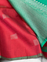 Load image into Gallery viewer, Classic Crimson Red &amp; Jade Green 2gm Zari Elegance Kanchipuram Handloom Silk Saree SS24156
