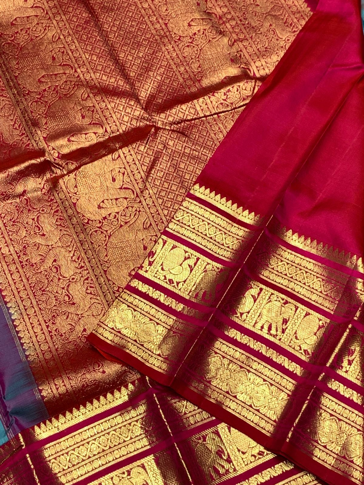 Classic Teal Green & Pink 2gm Zari Bridal Elegance Kanchipuram Handloom Silk Saree SS25274