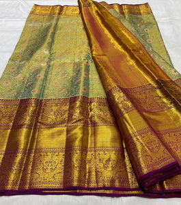 Shimmer Gold Green & Wine Red 2gm Zari Brocade Bridal Elegance Kanchipuram Handloom Silk Saree SS23637