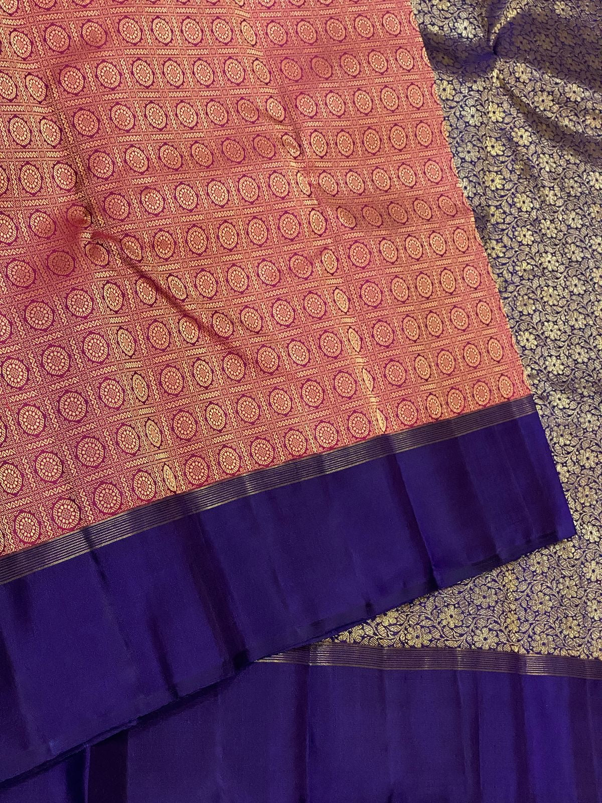 Classic Nude Pink & Navy Blue 2gm Zari Elegance Kanchipuram Handloom Silk Saree SS24687