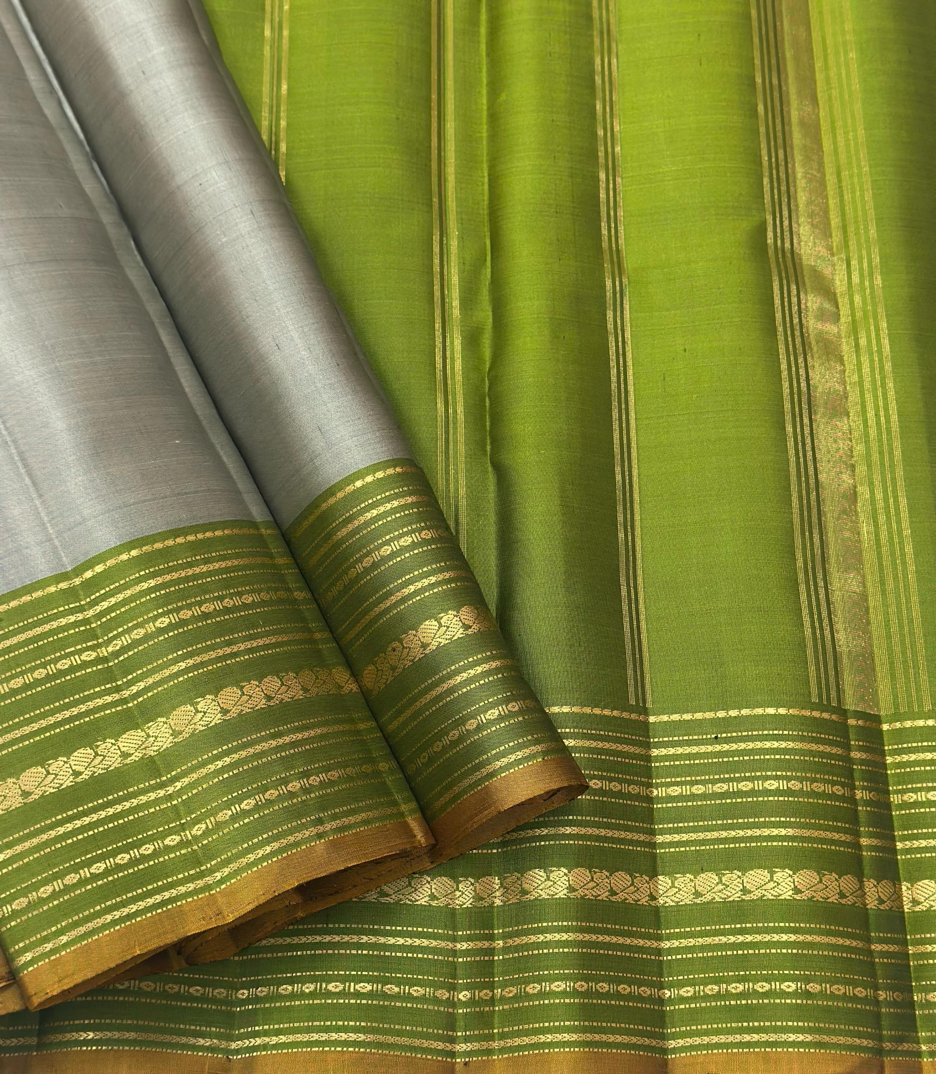 Classic Grey & Olive Green 1gm Zari Elegance Kanchipuram Handloom Silk Saree SS24760