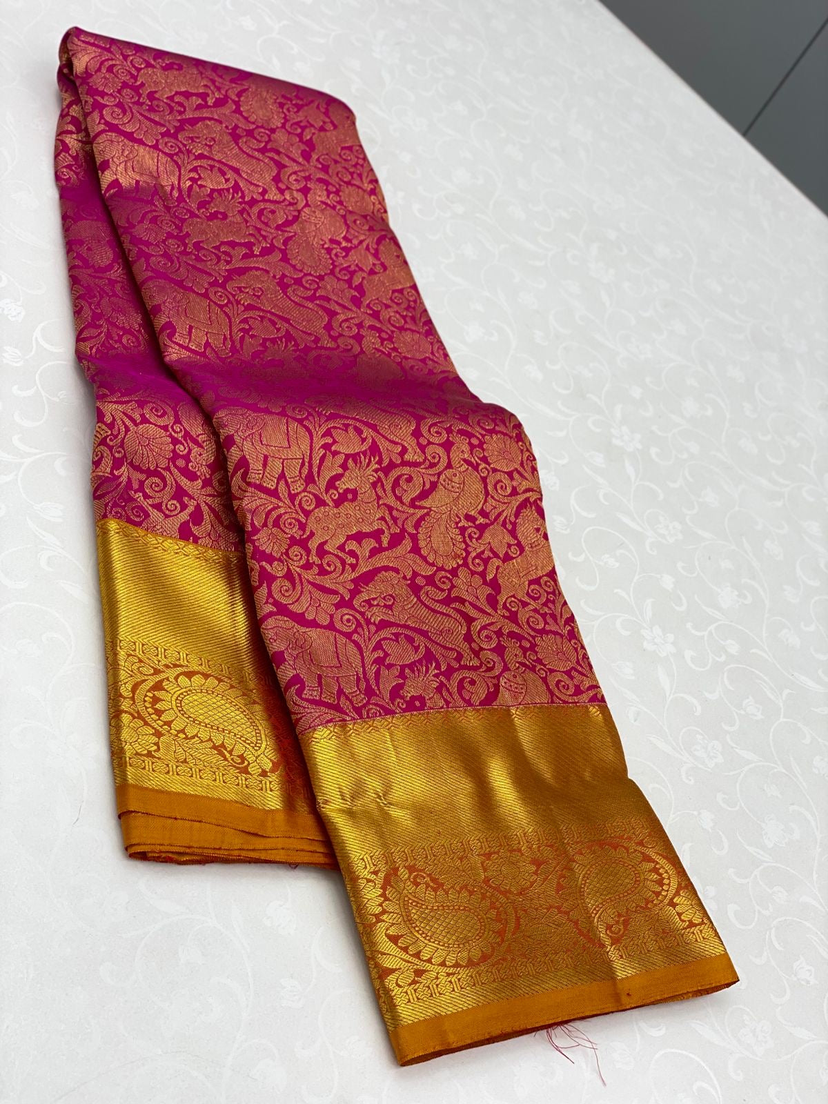 Classic Deep Pink & Mustard Yellow 2gm Zari Elegance Kanchipuram Handloom Silk Saree SS23792