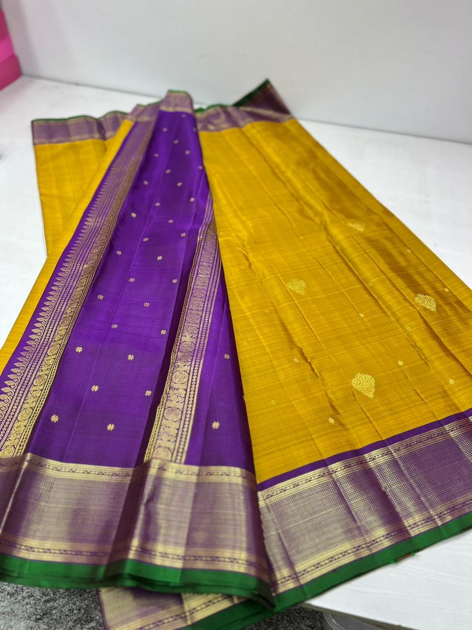 Classic Mustard Yellow & Violet 2gm Zari Kanchipuram Handloom Silk Saree SS25994