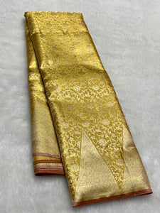 Classic Shimmer Gold 2gm Zari Bridal Elegance Kanchipuram Handloom Silk Saree SS25448