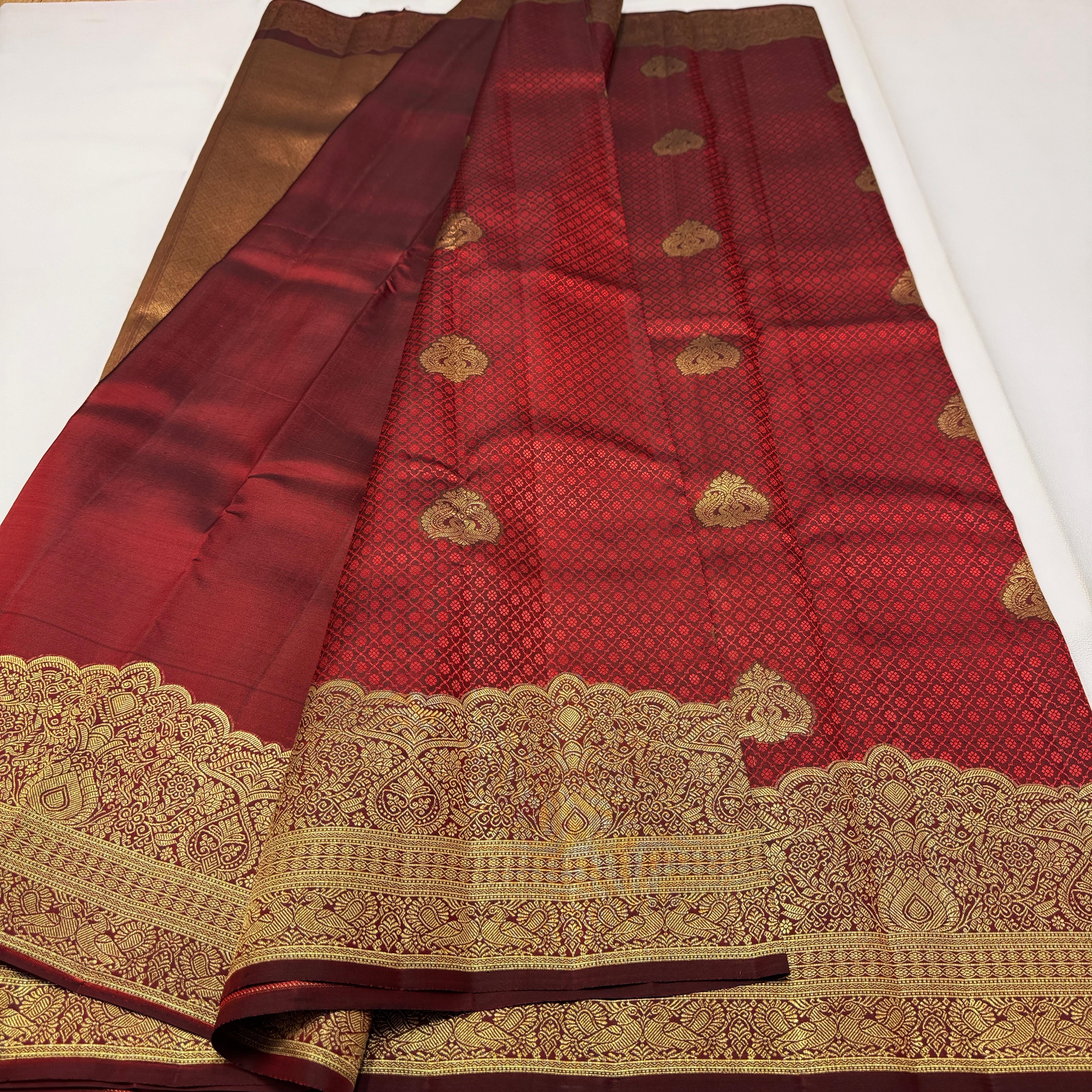 Classic Burnt Orange 2gm Zari Temple Bridal Elegance Kanchipuram Handloom Silk Saree SS26585