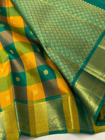 Load image into Gallery viewer, Green &amp; Mango Yellow Checks 2gm Zari Elegance Kanchipuram Handloom Silk Saree SS20558

