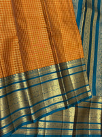 Load image into Gallery viewer, Classic Mustard Yellow &amp; Teal Blue Beldari Vintage Oosi Checks 2gm Zari Elegance Kanchipuram Handloom Silk Saree SS27204
