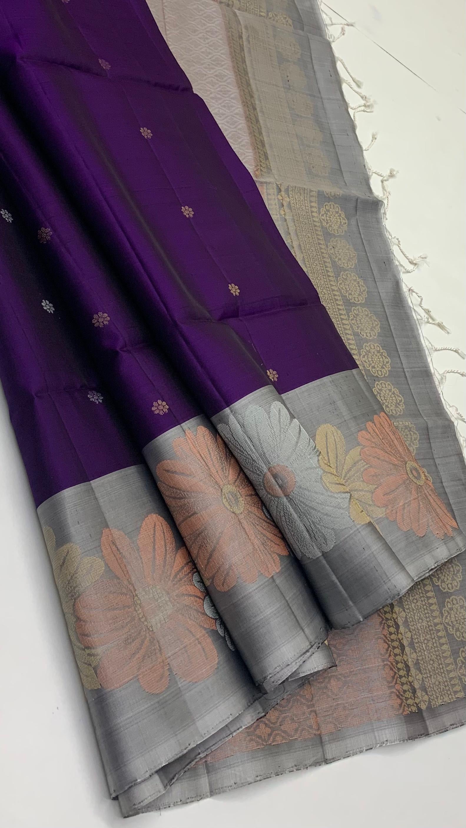 Classic Dark Violet & Grey Meena Work Turning Border Elegance Handloom Soft Silk Saree SS23455