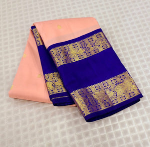 Classic Peach & Royal Blue 2gm Zari Kanchipuram Handloom Silk Saree SS26191