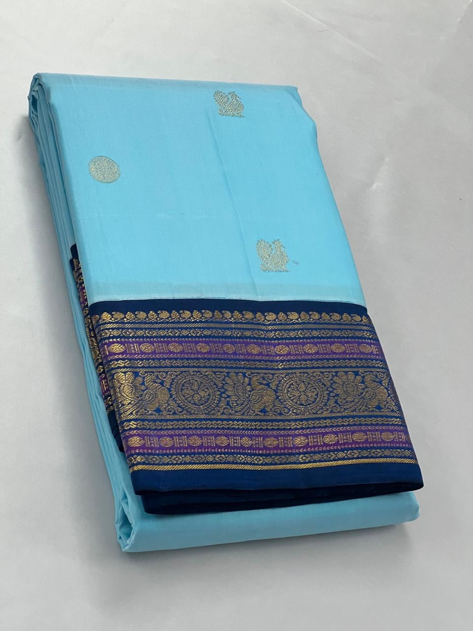 Classic Sky Blue & Prussian Blue 2gm Zari Kanchipuram Handloom Silk Saree SS26391