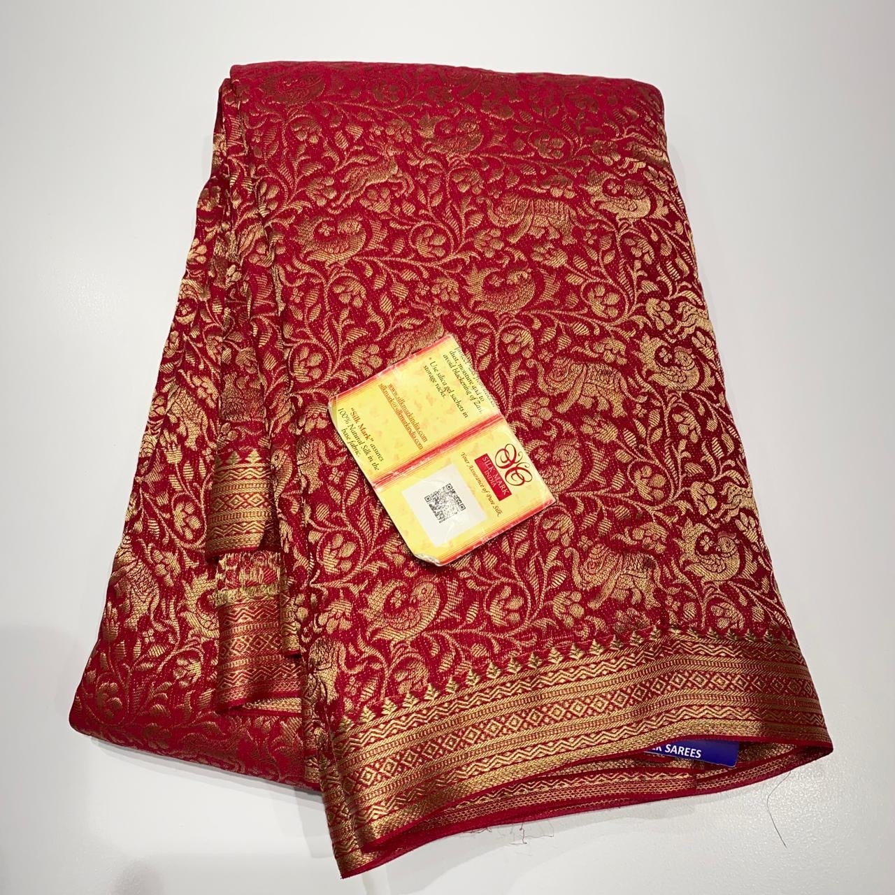 Classic Ruby Red Handwork Elegance Khaddi Banarasi Crepe Silk Saree SS25411