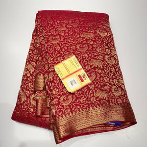 Classic Ruby Red Handwork Elegance Khaddi Banarasi Crepe Silk Saree SS25411