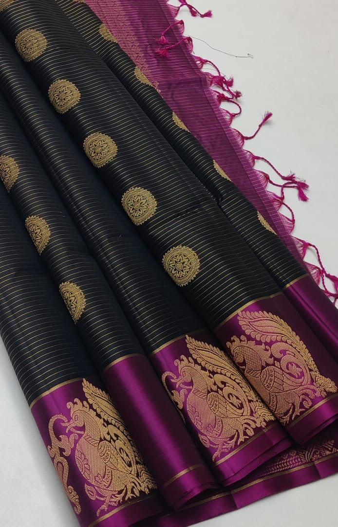 Classic Charcoal Black & Wine Red Elegance Handloom Soft Silk Saree SS25534