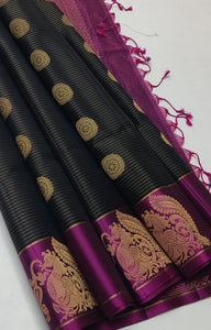 Classic Charcoal Black & Wine Red Elegance Handloom Soft Silk Saree SS25534