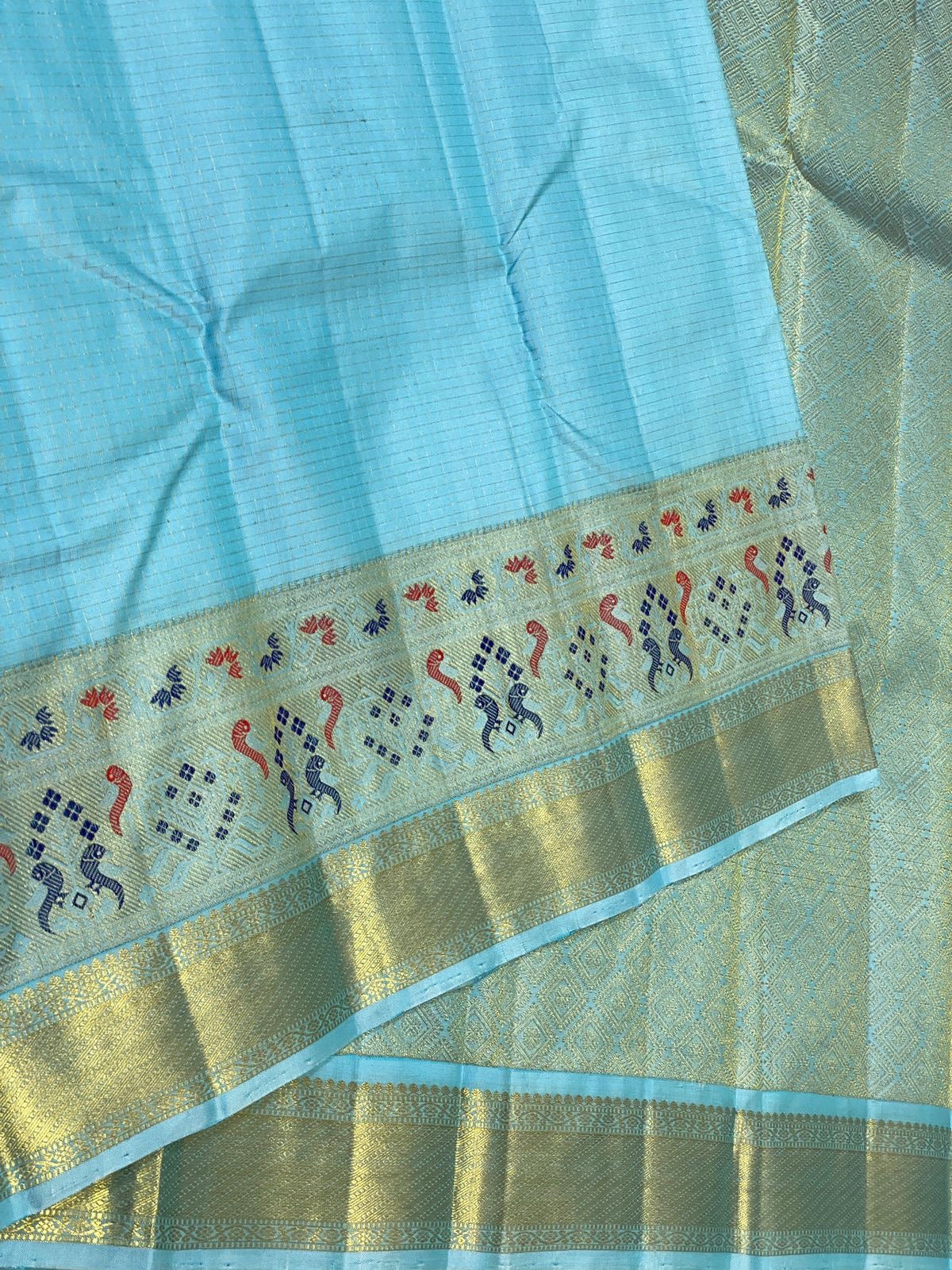 Classic Sky Blue 2gm Zari Paithani Vaira Oosi Checks Kanchipuram Handloom Silk Saree SS26505