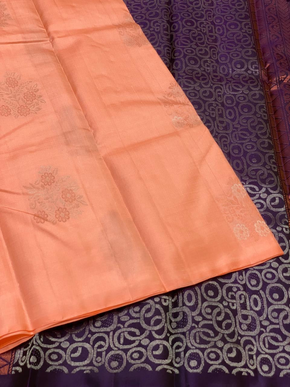 Classic Peach & Berry Plum 1gm Zari Elegance Kanchipuram Handloom Silk Saree SS23544