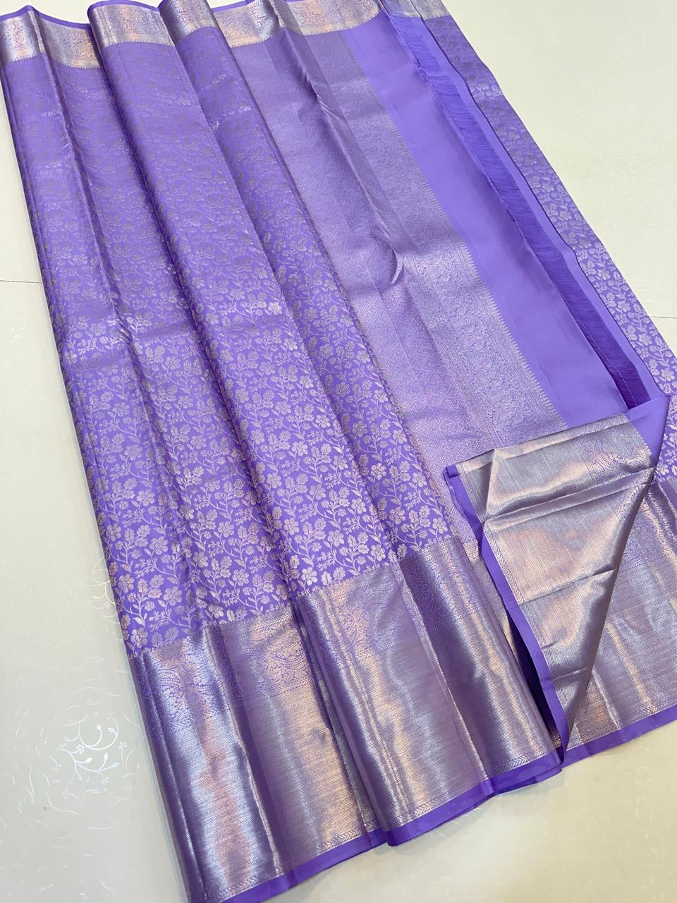 Pastel Bluish Lavender 2gm Zari Bridal Elegance Kanchipuram Handloom Silk Saree SS24366