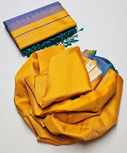 Classic Yellow & Blue Double Warp Elegance Soft Silk Saree SS24225