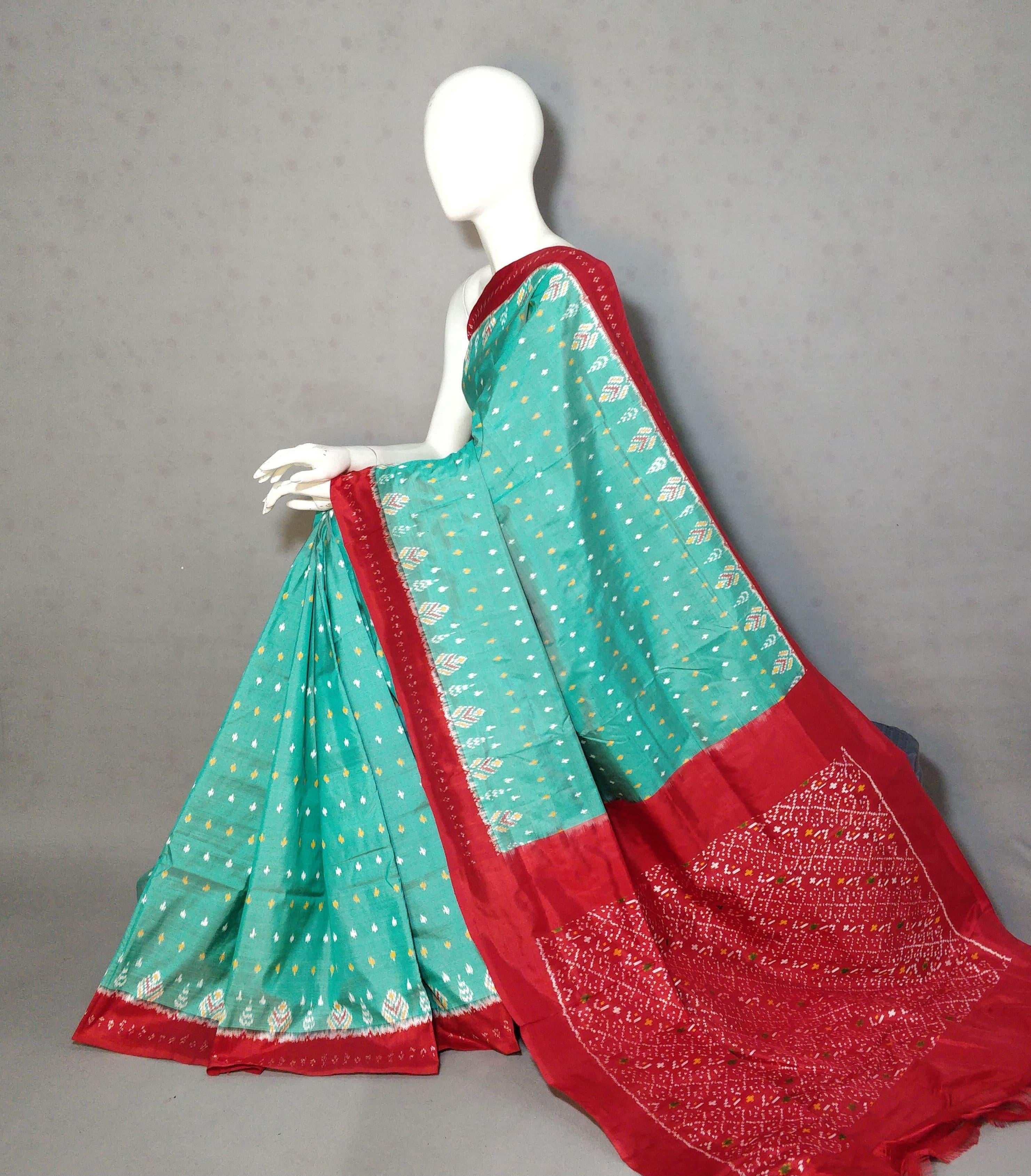 Classic Sea Green & Red Ikkat Elegance Handloom Soft Silk Saree SS23090