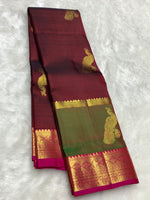 Load image into Gallery viewer, Classic Green &amp; Brown 2gm Zari Elegance Kanchipuram Handloom Silk Saree SS25372
