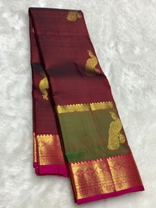 Classic Green & Brown 2gm Zari Elegance Kanchipuram Handloom Silk Saree SS25372