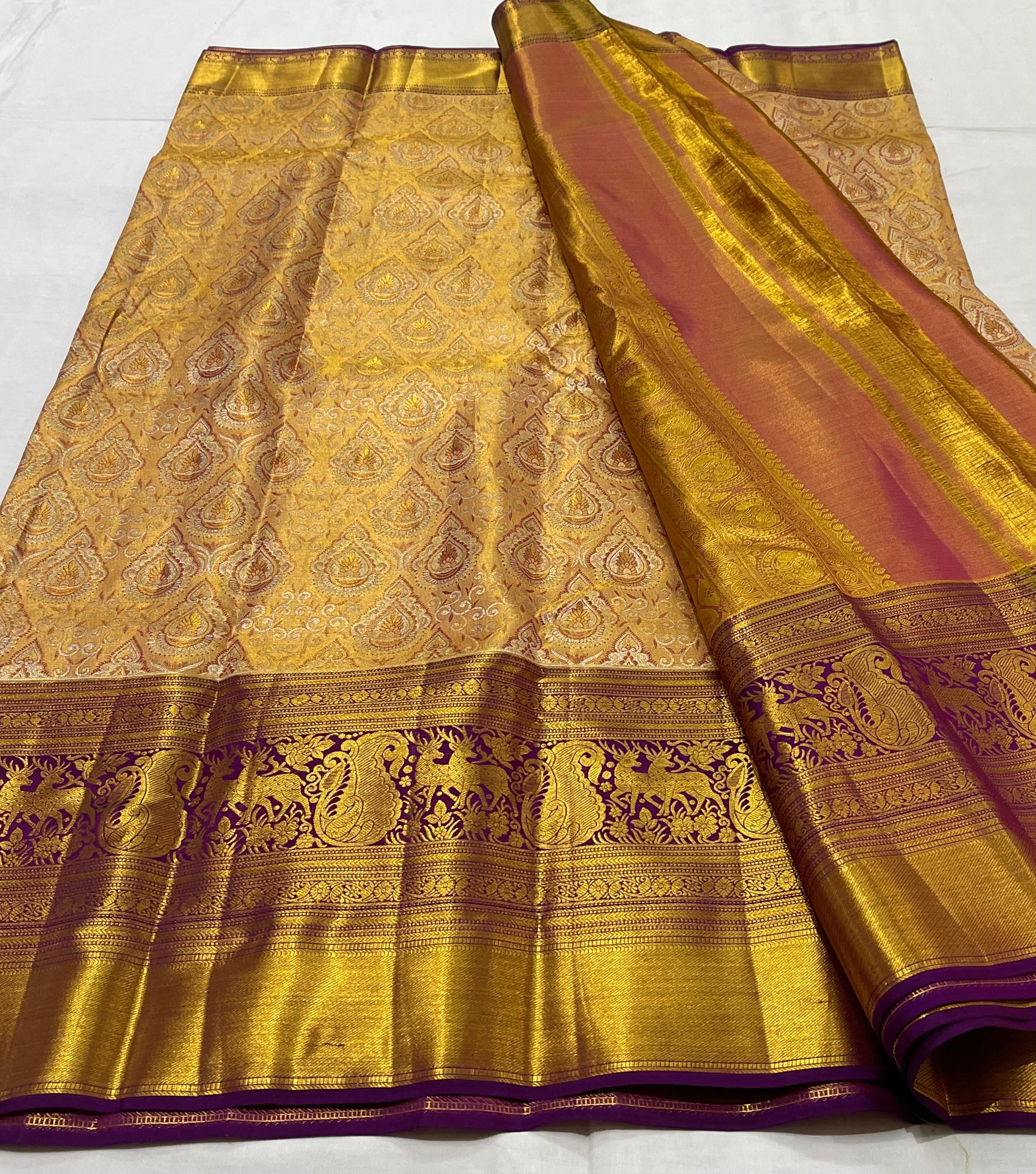 Classic Beige & Purple 2gm Zari Brocade Bridal Elegance Kanchipuram Handloom Silk Saree SS23644