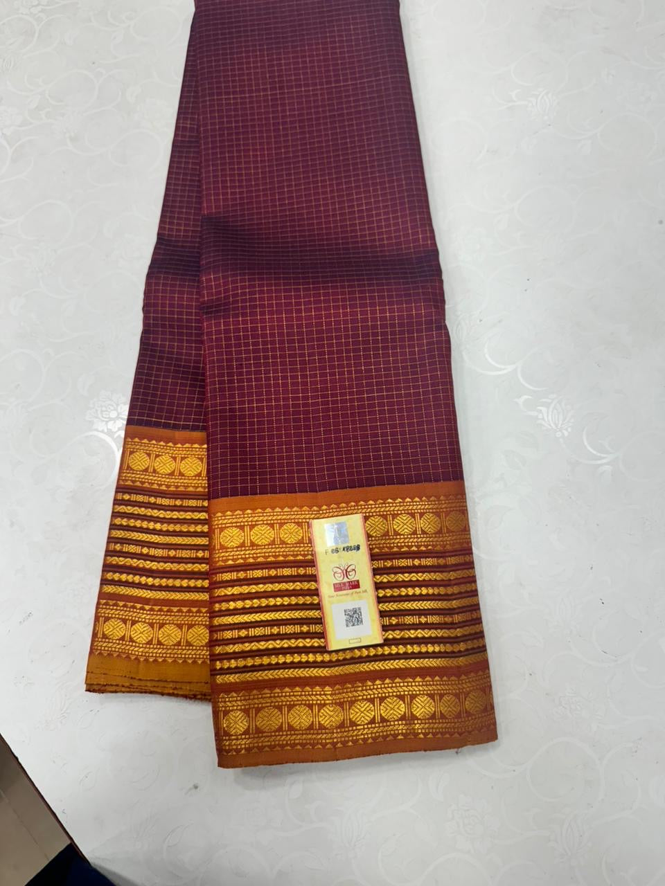 Classic Plum & Mustard Orange 2gm Zari Kanchipuram Handloom Silk Saree SS26454