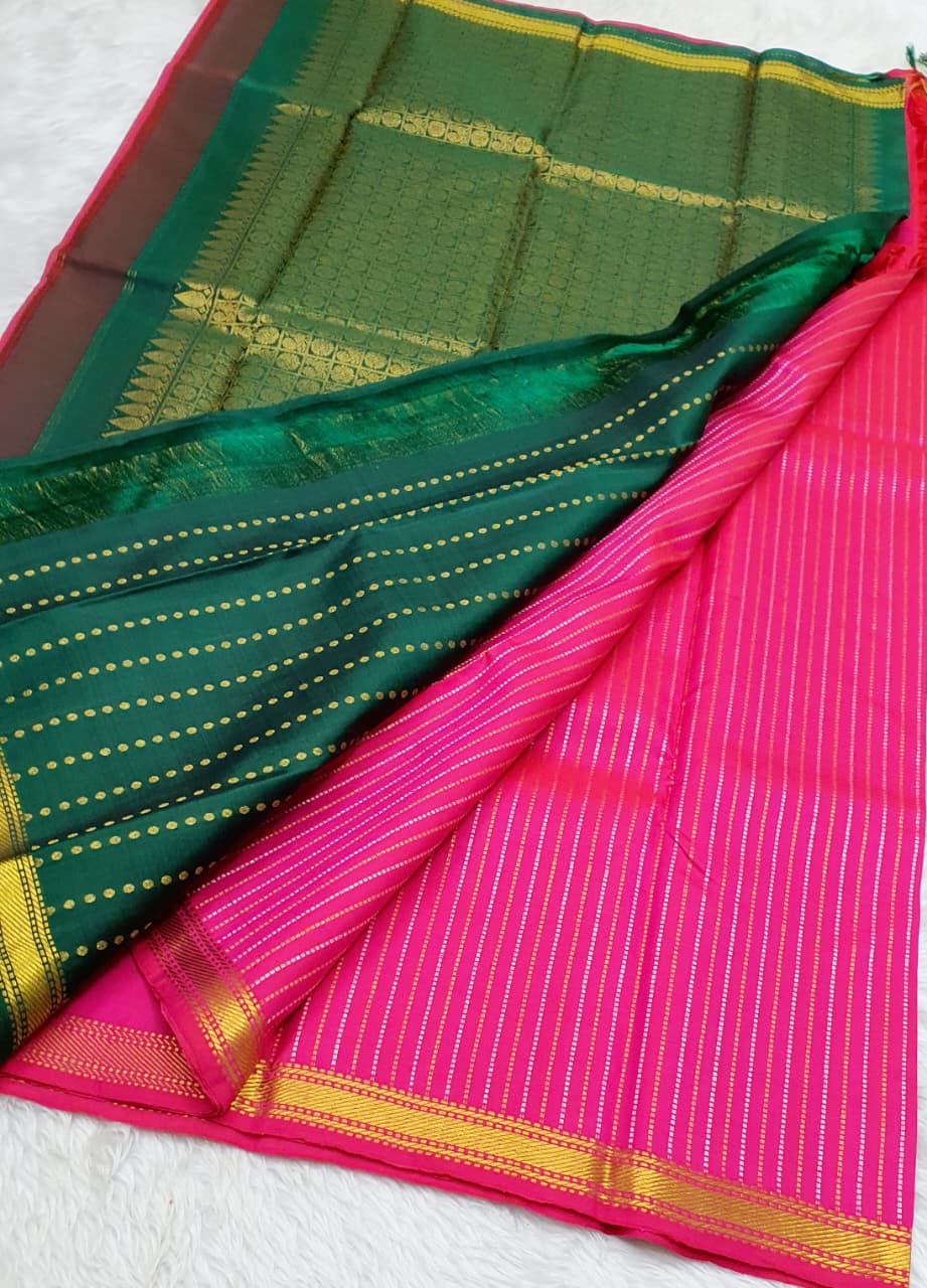 Classic Dark Pink & Green 1gm Zari Kanchipuram Handloom Silk Saree SS26609