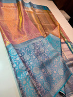 Load image into Gallery viewer, Classic Peachy Orange &amp; Cornflower Blue 4D Handmade Brocade Meenakari Designed Bridal Elegance Kanchipuram Handloom Silk Saree SS25404
