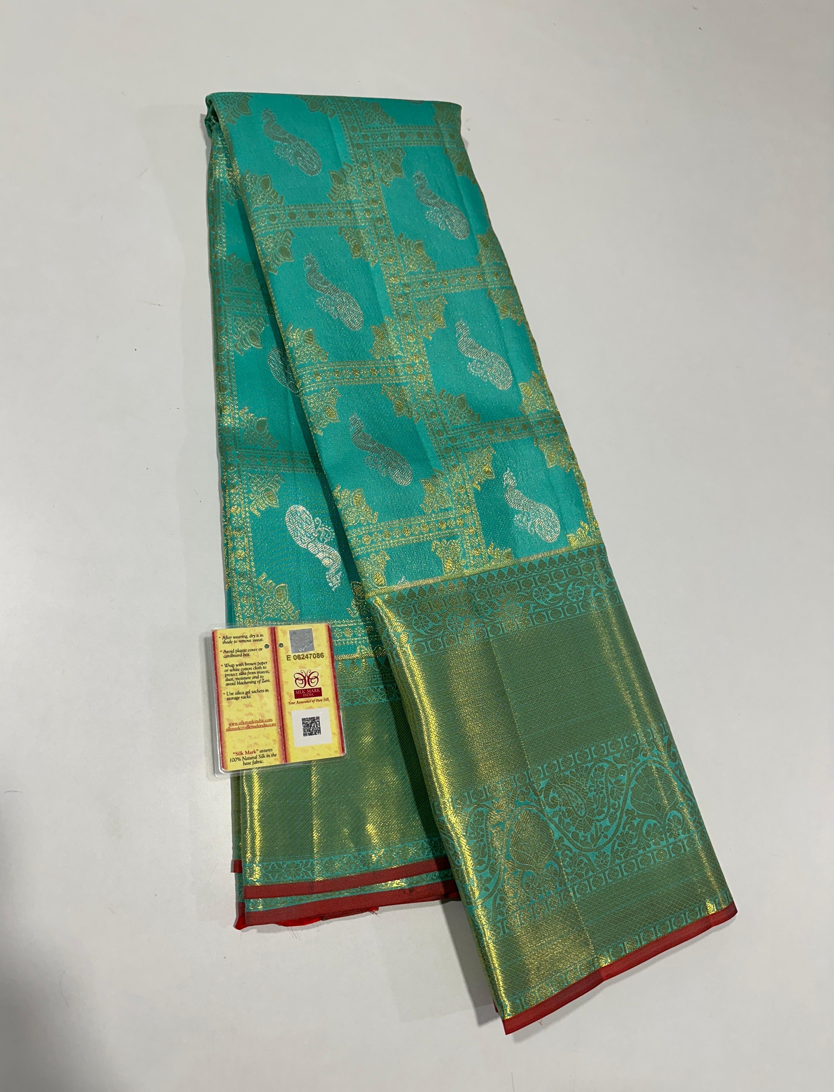 Classic Aqua & Orange Brocade Bridal Elegance Kanchipuram Tissue Handloom Silk Saree SS23726