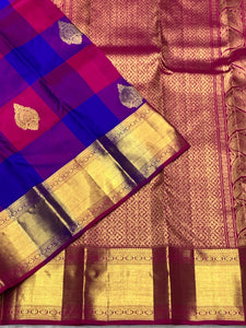 Classic Royal Blue & Purple Pink 2gm Zari Kanchipuram Handloom Silk Saree SS25572