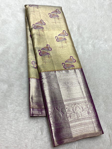 Classic Oatmeal Beige & Berry Purple 2gm Zari Bridal Elegance Kanchipuram Handloom Silk Saree SS25269
