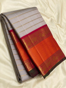 Classic Pastel Grey & Chilli Red 3gm Zari Vaira Oosi Beldari Design Elegance Kanchipuram Handloom Silk Saree SS24444