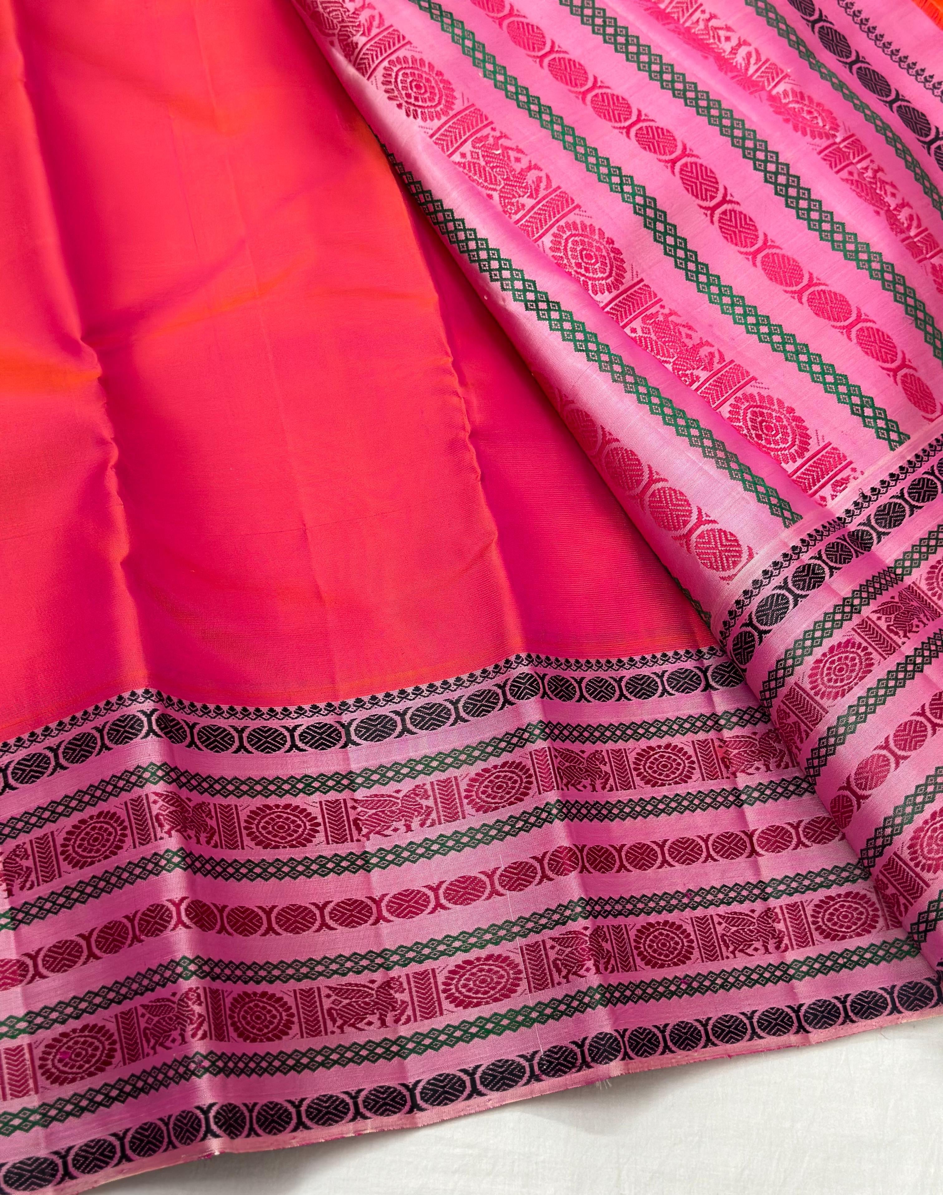 Classic Pinkish Orange & Pink 1gm Zari Elegance Kanchipuram Handloom Silk Saree SS23549