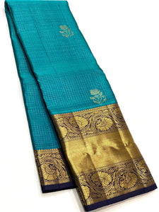 Classic Teal Blue & Navy Blue 2gm Zari Vaira Oosi Check Butta Elegance Kanchipuram Handloom Silk Saree SS23624