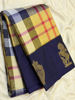 Load image into Gallery viewer, Classic White Yellow Navy Blue Checks 2gm Zari Elegance Kanchipuram Handloom Silk Saree SS27207
