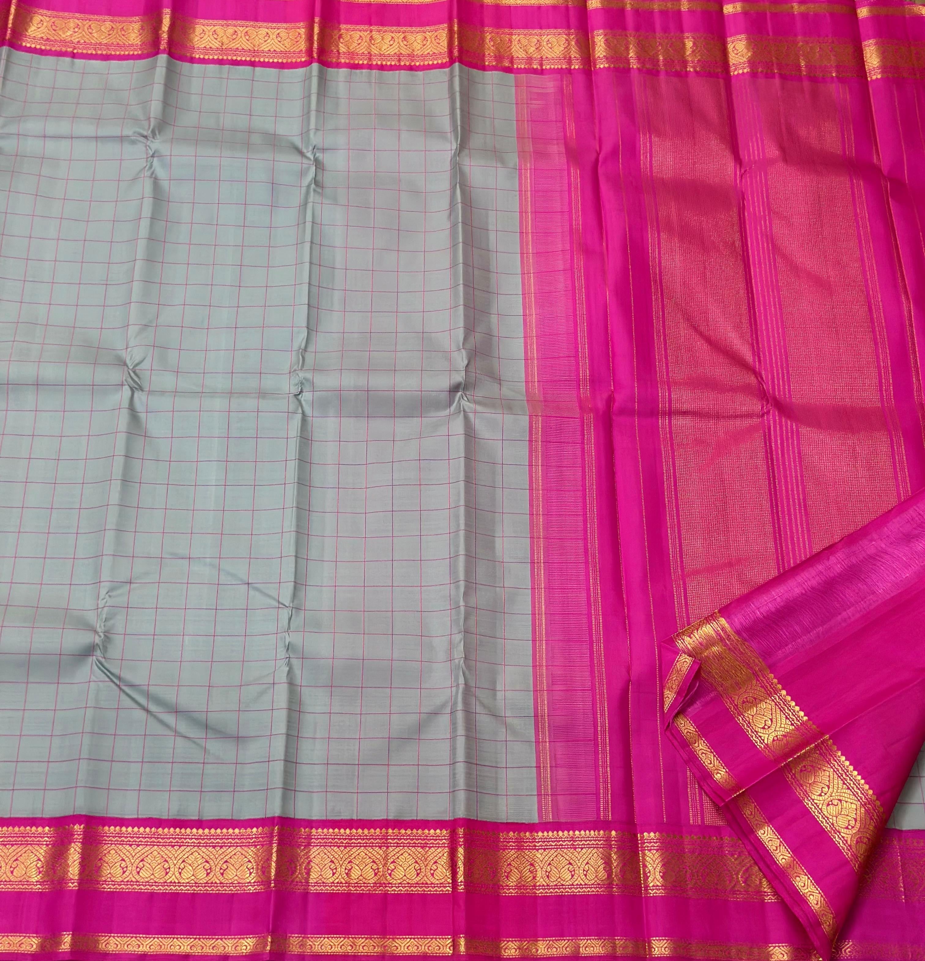 Classic Grey & Deep Pink 2gm Zari Elegance Kanchipuram Handloom Silk Saree SS23550