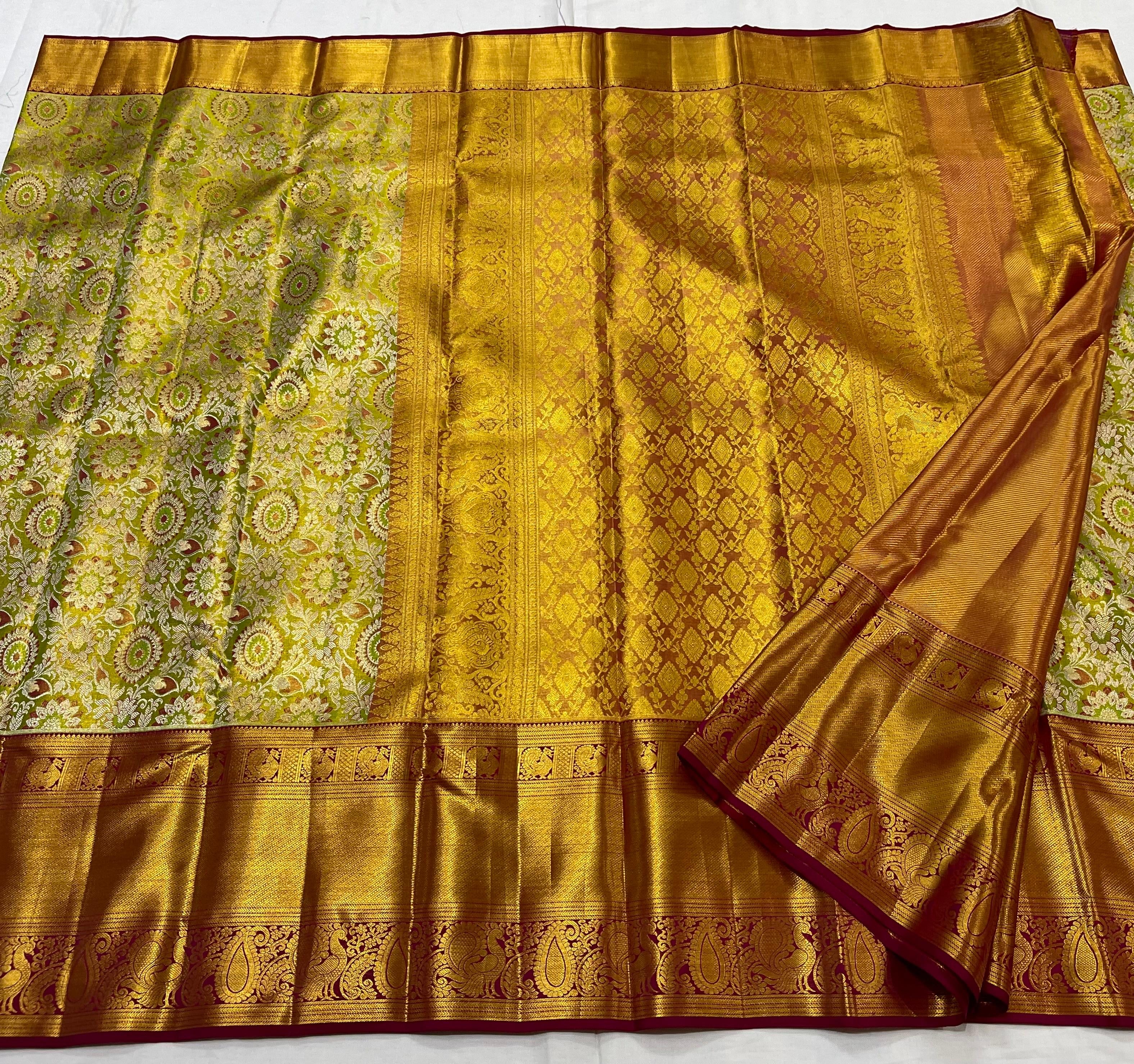 Classic Olive Green & Barn Red 2gm Zari Brocade Bridal Elegance Kanchipuram Handloom Silk Saree SS23642