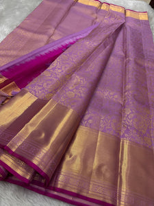 Classic Creamy Lilac & Ruby Pink Bridal Elegance Kanchipuram Handloom Silk Saree SS23700