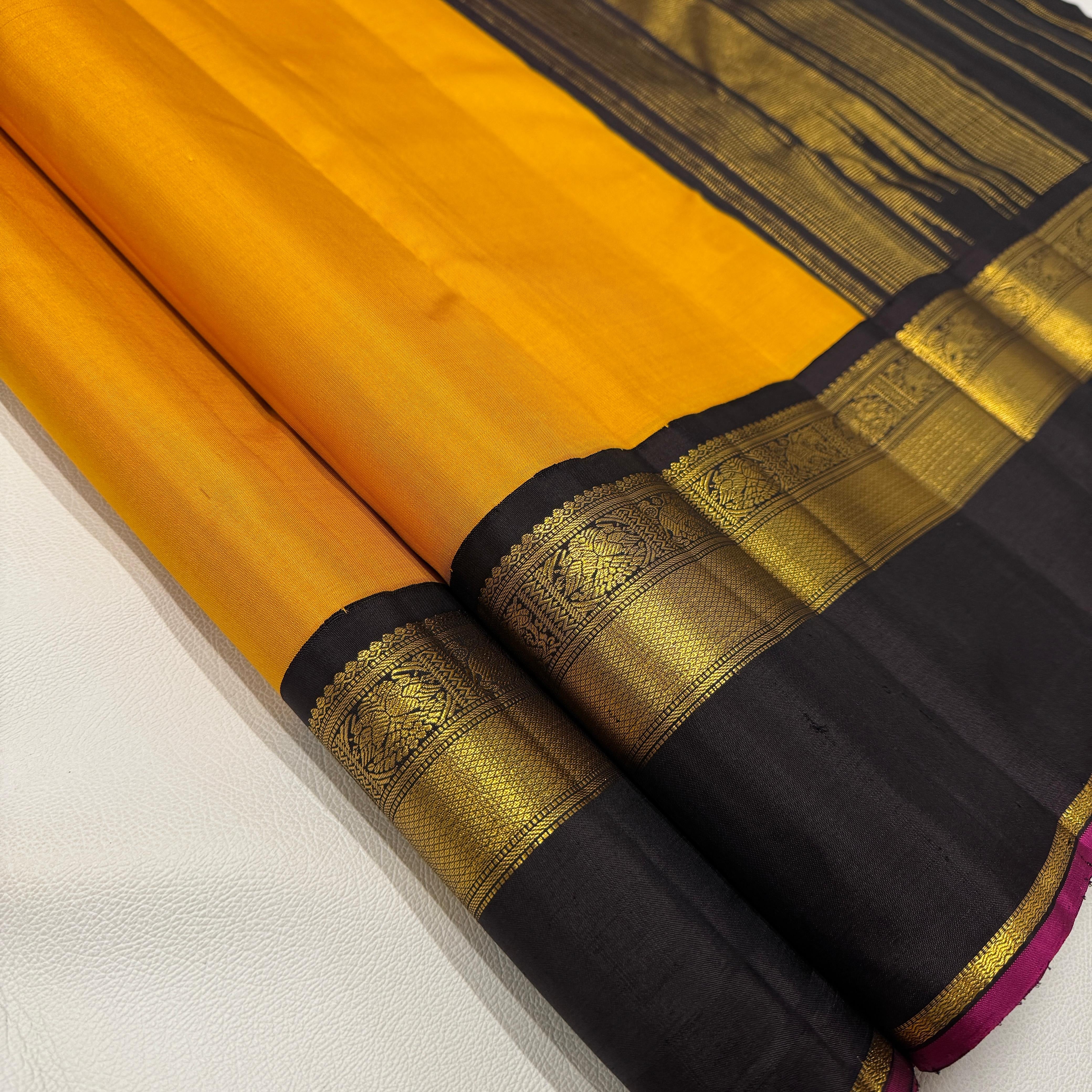 Classic Mango Yellow & Black 2gm Zari Double Side Korvai Kanchipuram Handloom Silk Saree SS25934
