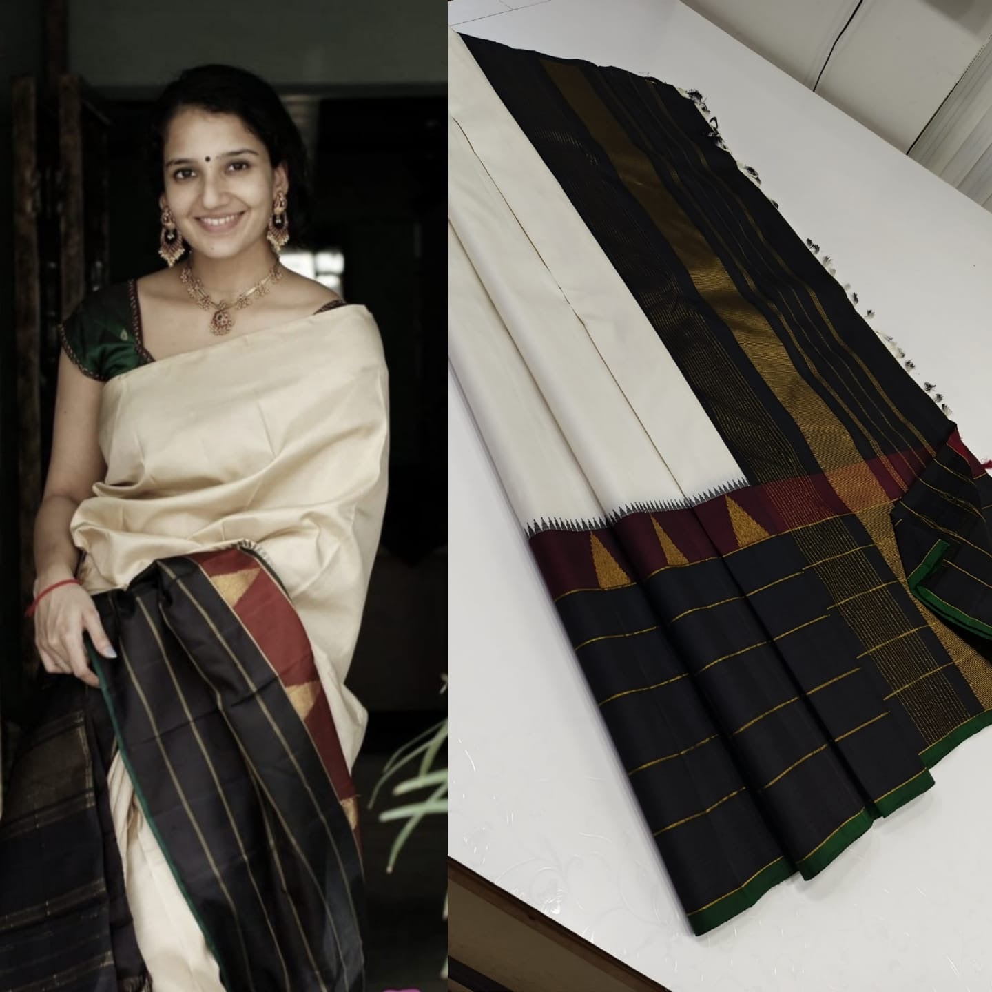 Classic Butter Cream & Black 2gm Zari Korvai Elegance Kanchipuram Handloom Silk Saree SS23658