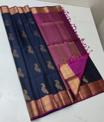 Load image into Gallery viewer, Classic Navy Blue &amp; Shimmer Wine Red Double Warp Elegance Handloom Soft Silk Saree SS23512
