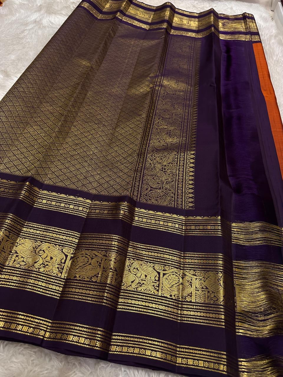 Classic Burnt Orange & Dark Blue 2gm Zari Elegance Kanchipuram Handloom Silk Saree SS25494
